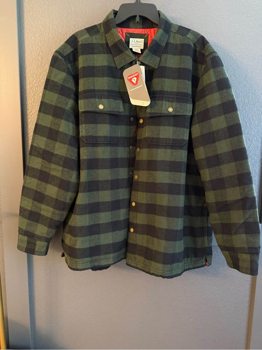 L.L. BEAN • NWT men’s PrimaLoft plaid shirt-jacket (shacket) green navy XL